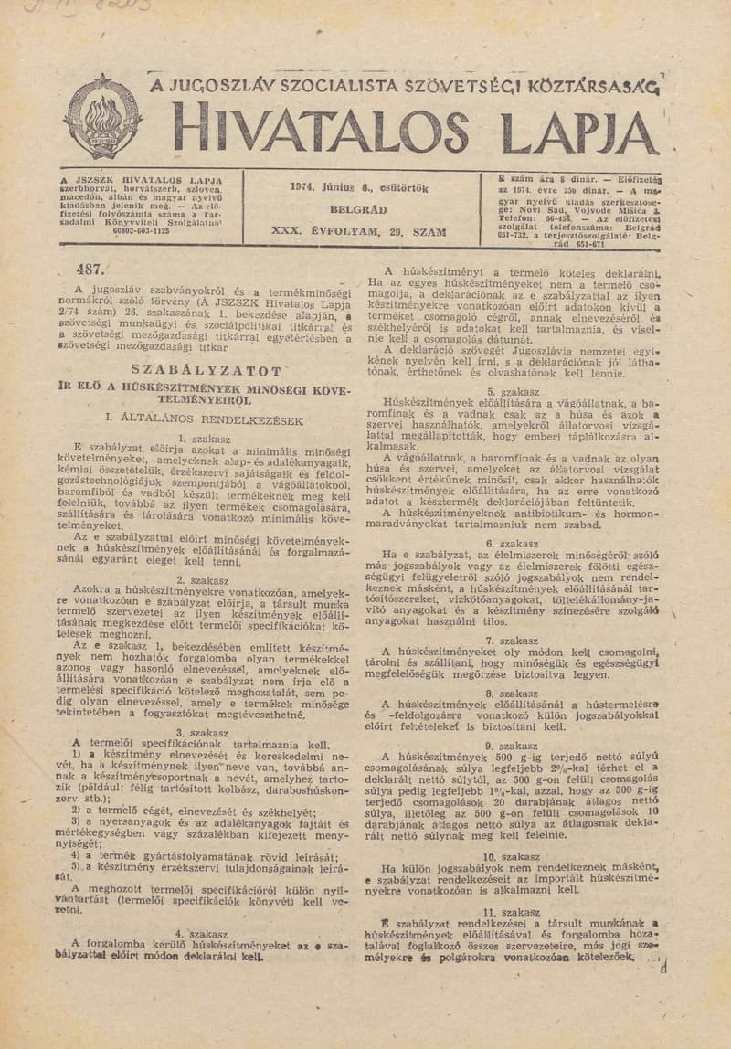 A Jugoszláv Szocialista Szövetségi Köztársaság Hivatalos Lapja, 30. évf. 1974. június 8. 29. sz. 997–1028. oldal