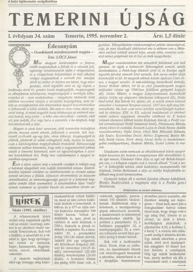 Temerini Újság, 1. évf. 1995. november 2. 34. sz.