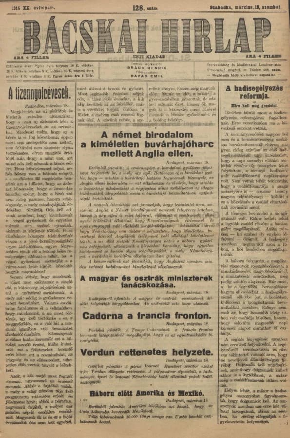 Bácskai Hirlap, 20. évf. 1916. március 18. 128. sz.