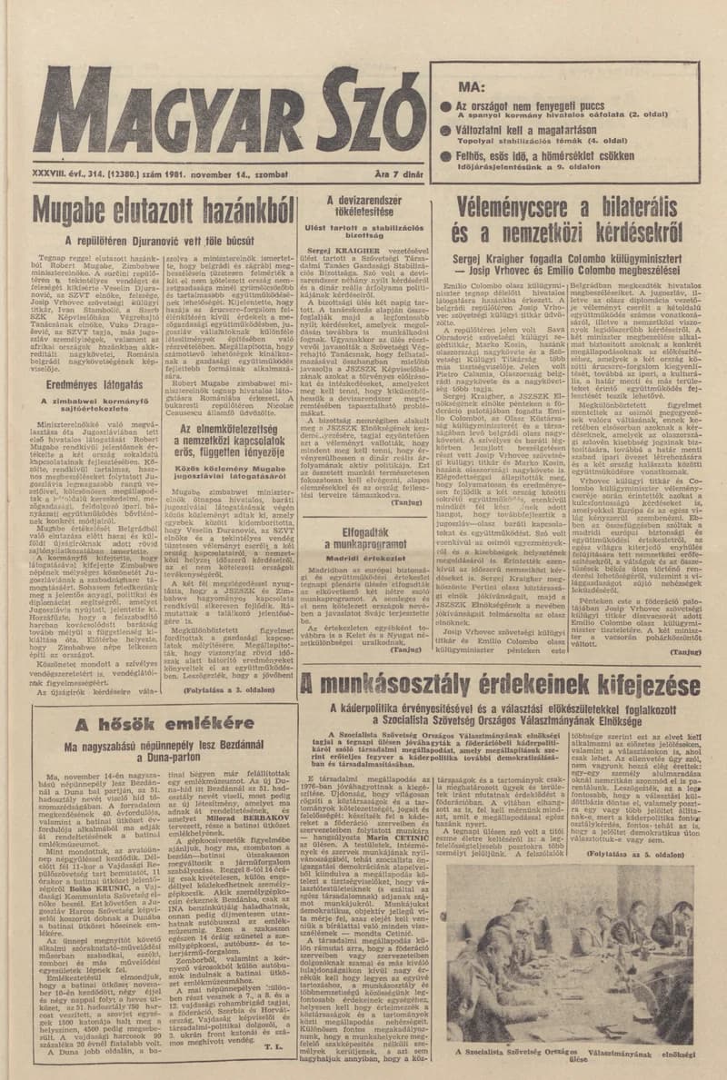 Magyar Szó, 38. évf. 1981. november 14. 314. sz.