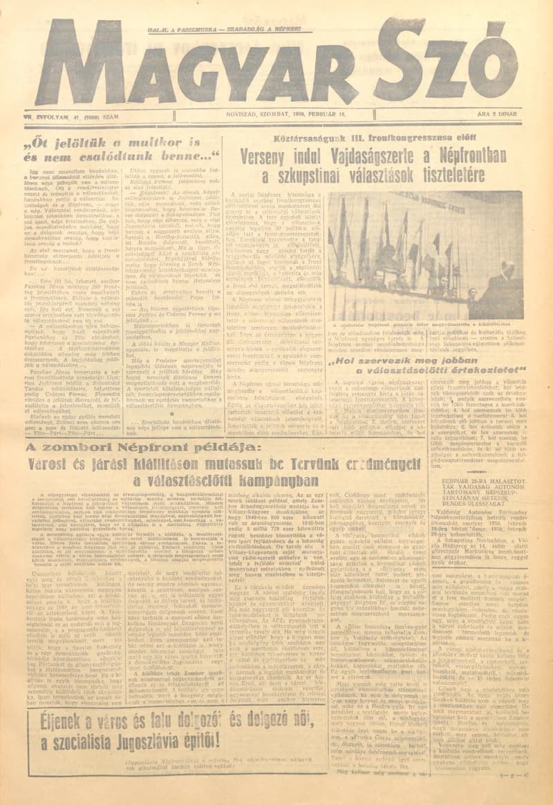 Magyar Szó, 7. évf. 1950. február 18. 41. sz. 1–4. oldal