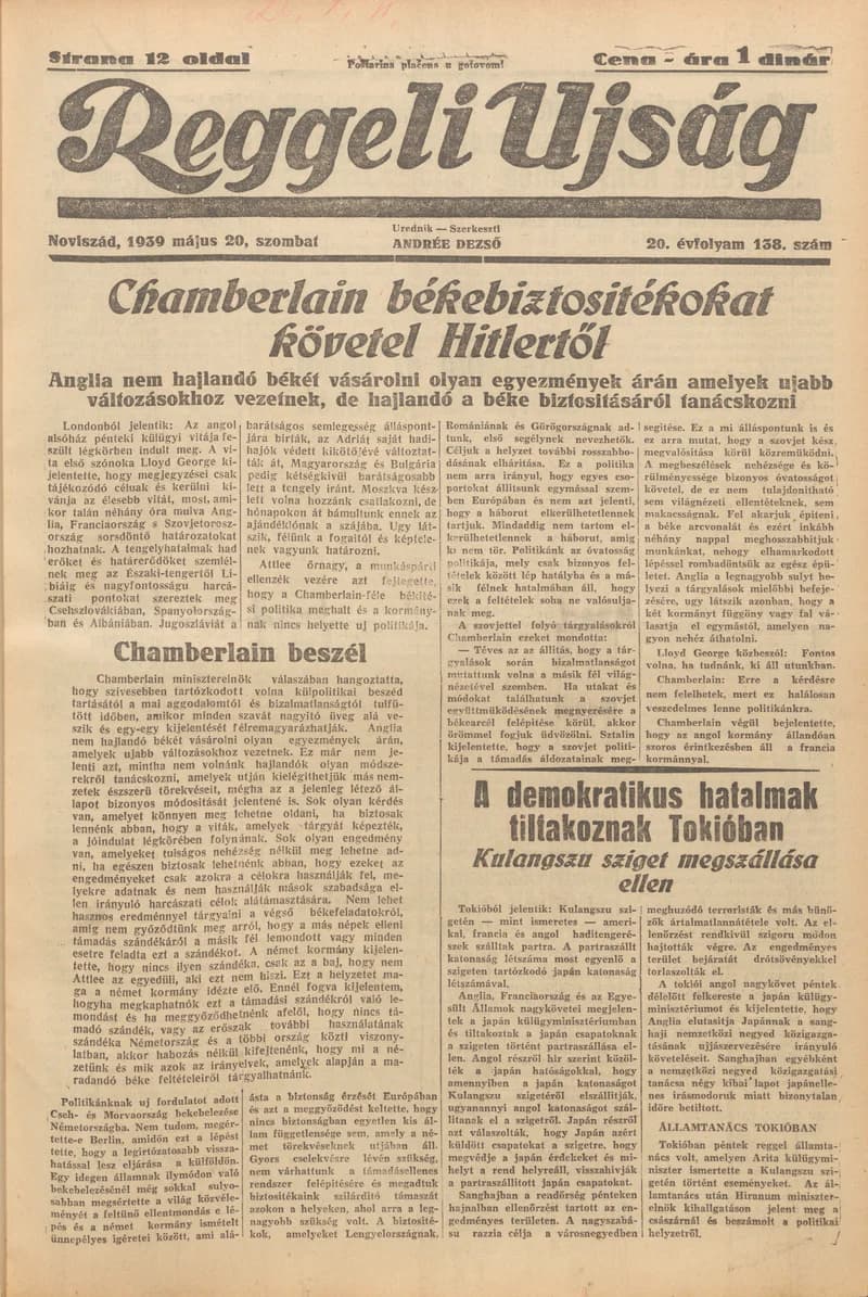 Reggeli Újság, 20. évf. 1939. május 20. 138. sz.