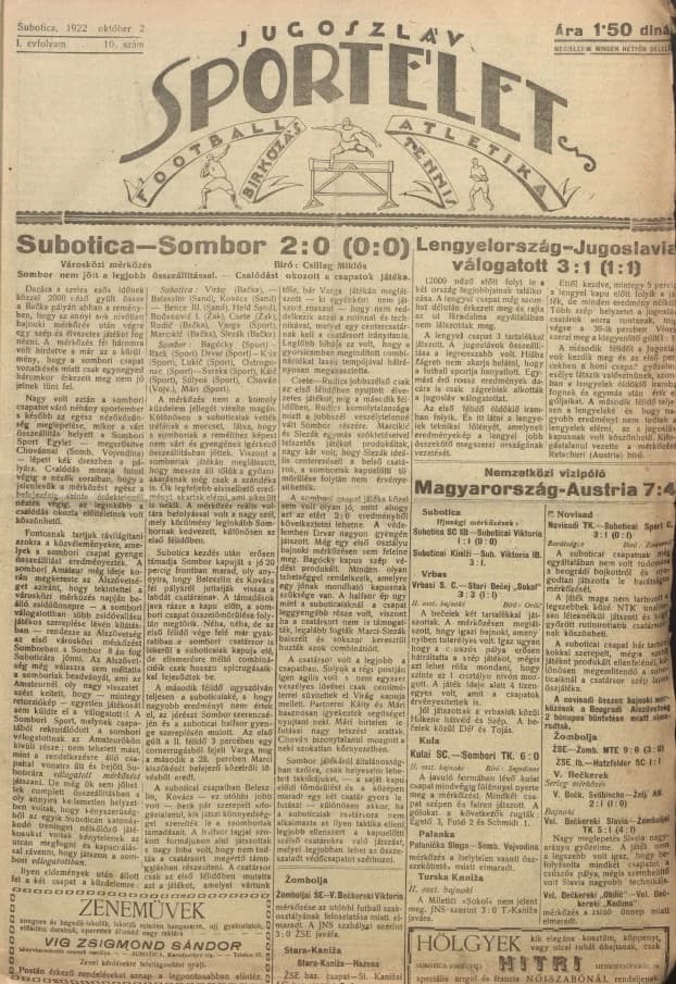 Jugoszláv sportélet, 1. évf. 1922. október 2. 10. sz.