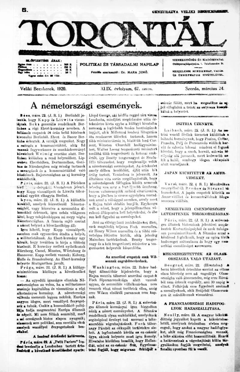 Torontál, 49. évf. 1920. március 24. 67. sz.