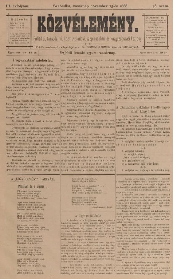 Közvélemény, 3. évf. 1888. november 25. 48. sz.