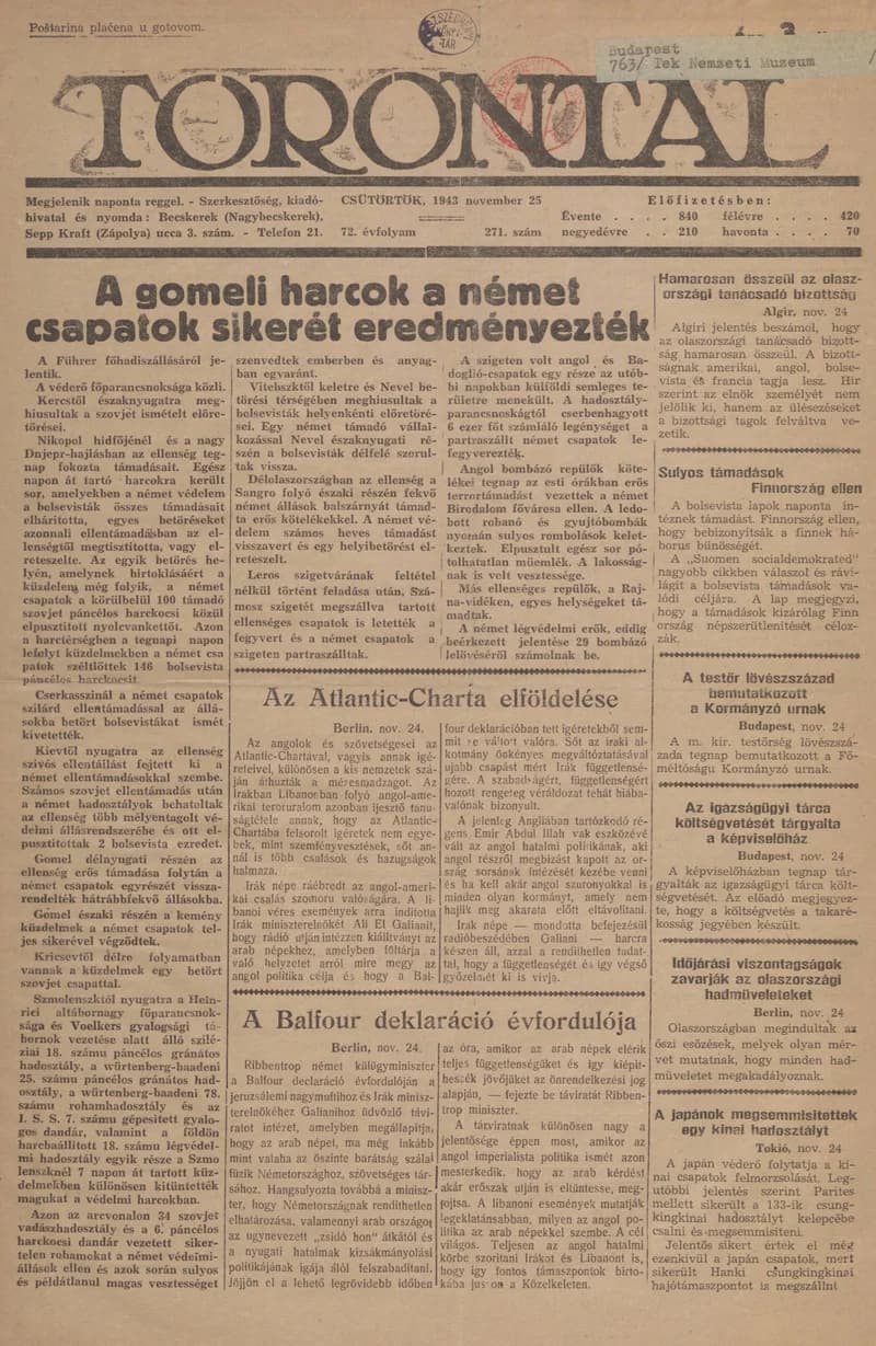 Torontál, 72. évf. 1943. november 25. 271. sz.