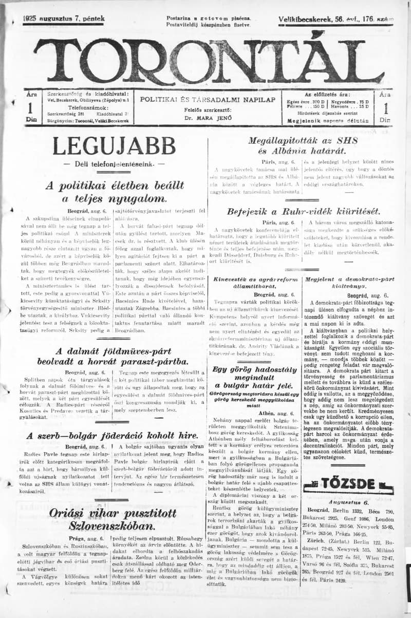 Torontál, 54. évf. 1925. július 7. 176. sz.