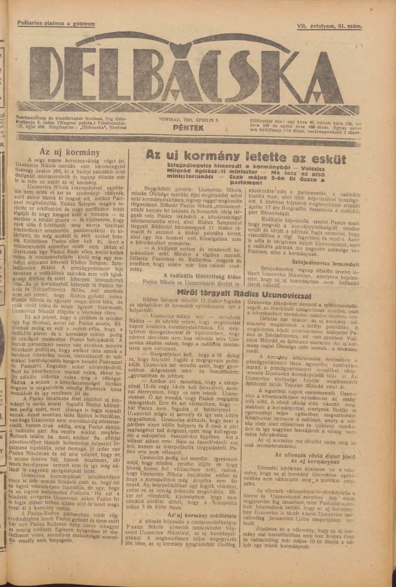 Délbácska, 7. évf. 1926. április 9. 81. sz.