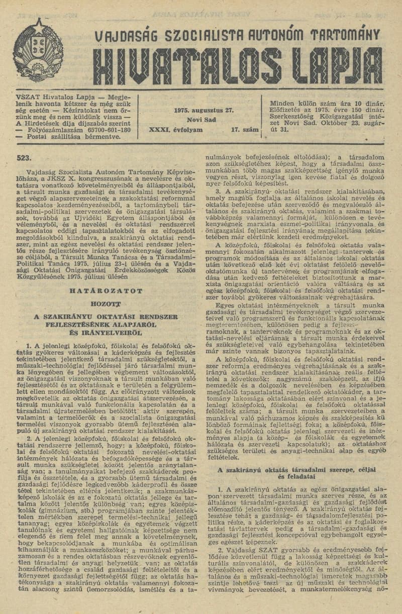 Vajdaság Szocialista Autonóm Tartomány Hivatalos Lapja, 31. évf. 1975. augusztus 27. 17. sz. 765–792. oldal