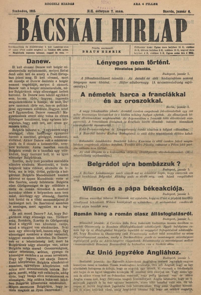Bácskai Hirlap, 19. évf. 1915. január 6. 7. sz.