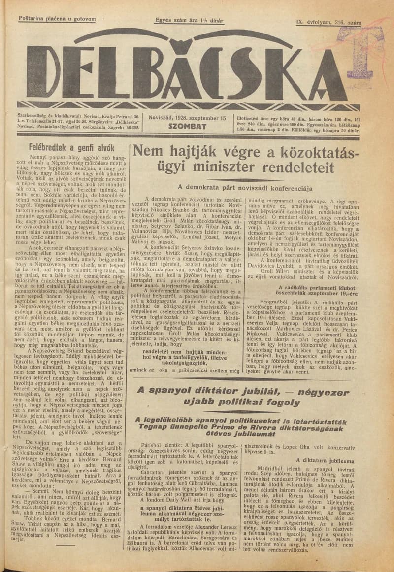 Délbácska, 9. évf. 1928. szeptember 15. 216. sz.