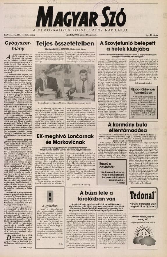 Magyar Szó, 48. évf. 1991. július 19. 196. sz. 1–20. oldal