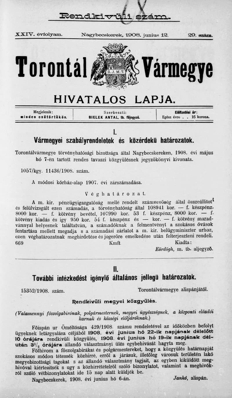 Torontál Vármegye Hivatalos Lapja, 24. évf. 1908. június 12. 29. sz.