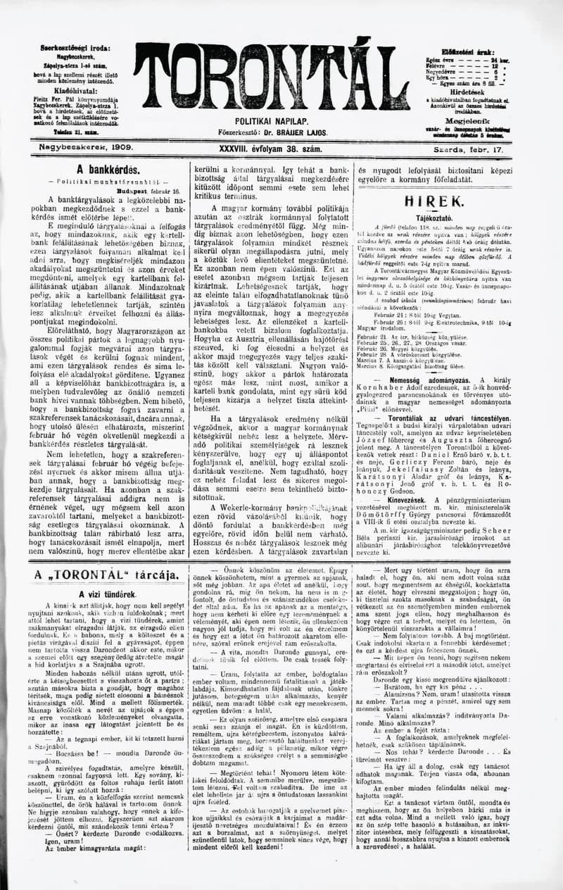 Torontál, 38. évf. 1909. február 17. 38. sz.