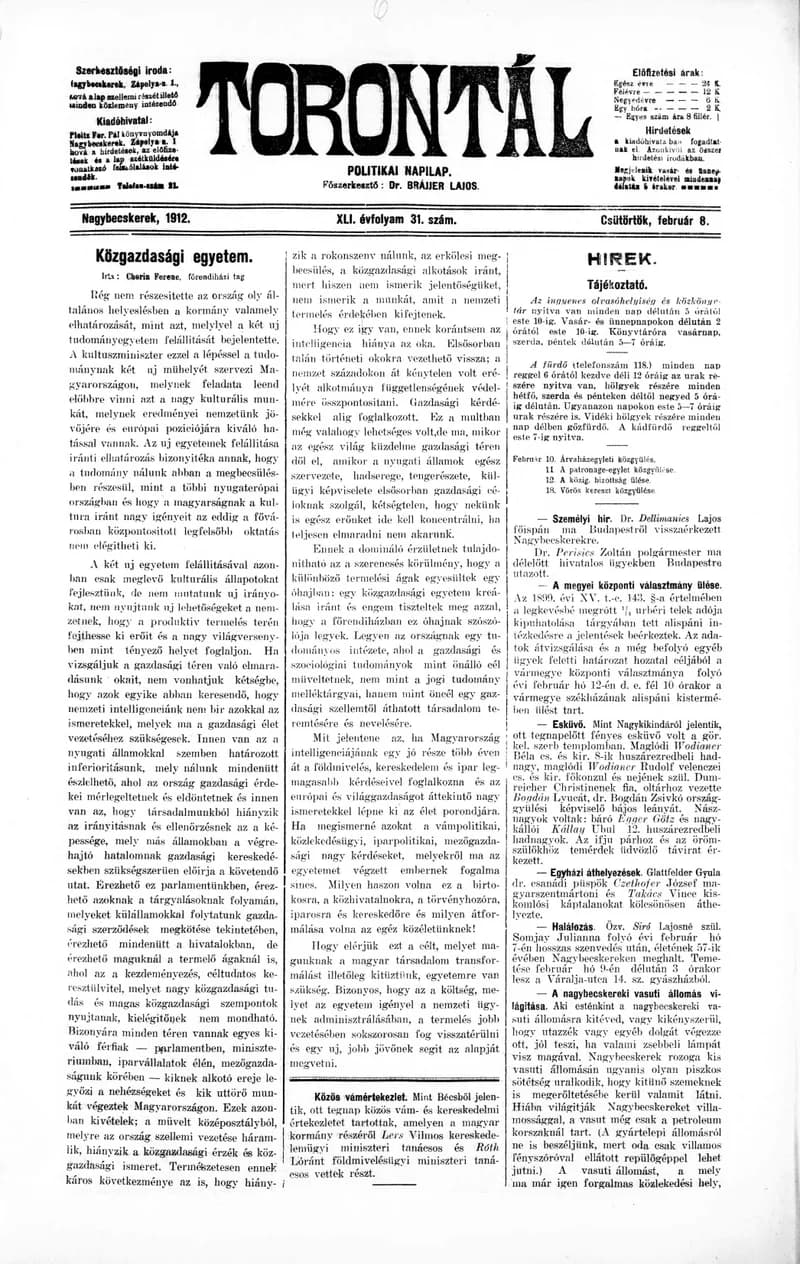 Torontál, 41. évf. 1912. február 8. 31. sz.