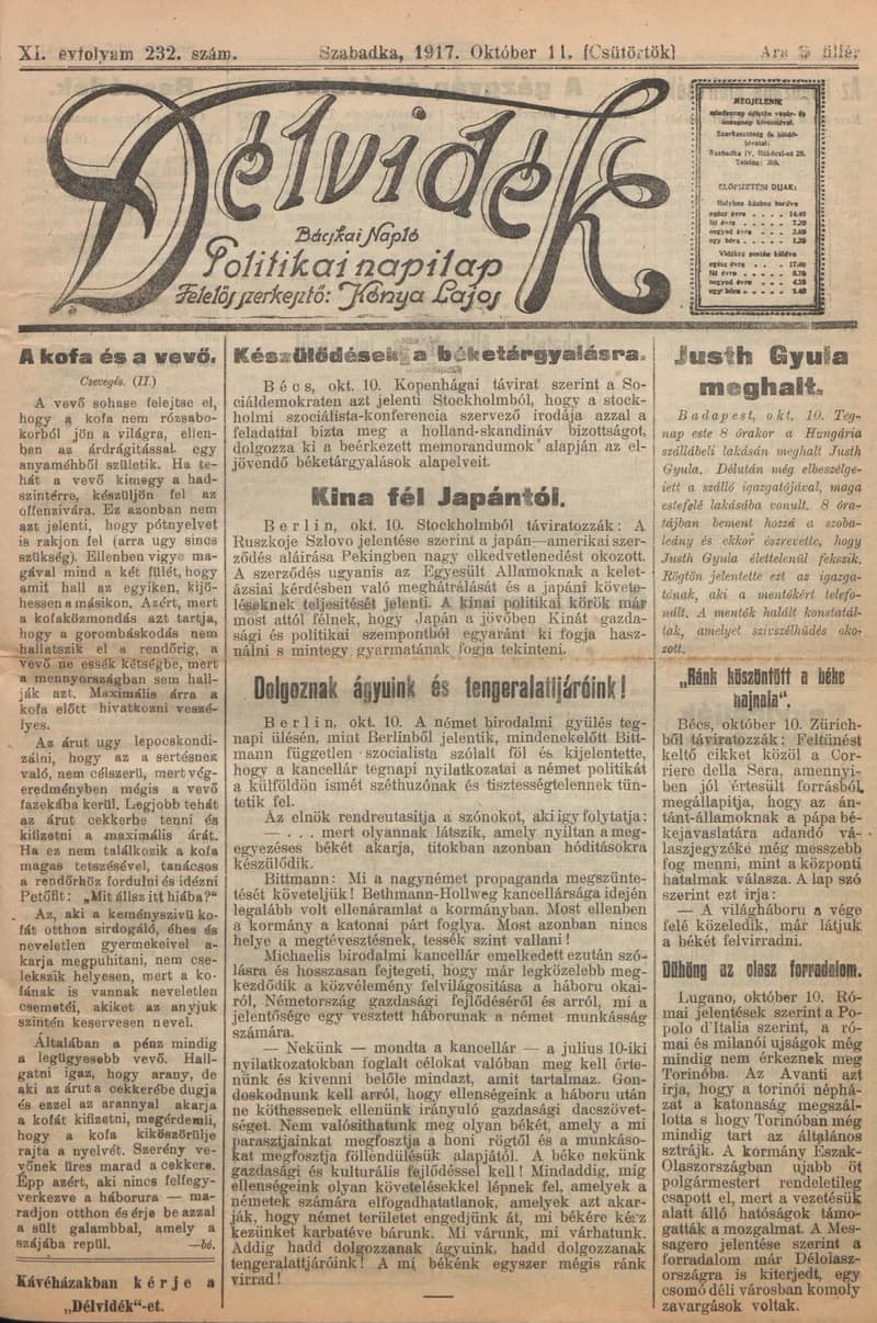 Délvidék, 11. évf. 1917. október 11. 232. sz.