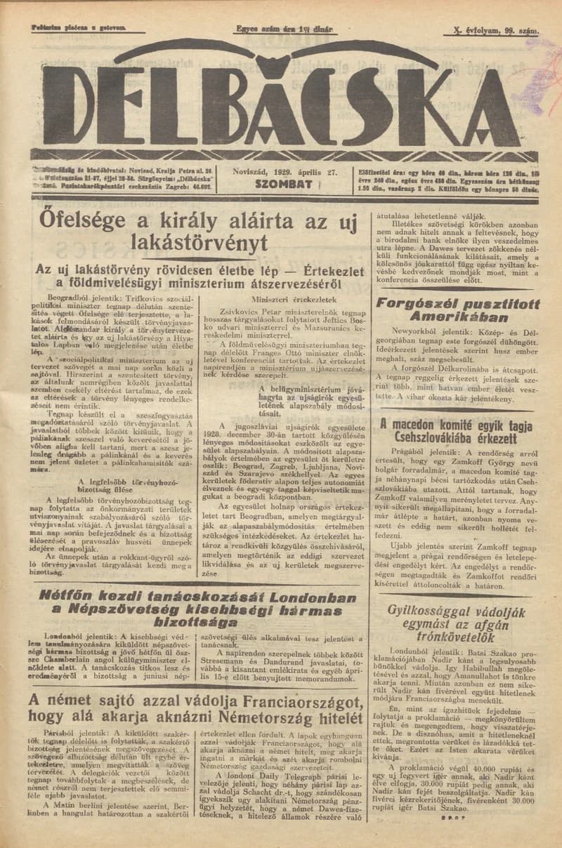 Délbácska, 10. évf. 1929. április 27. 99. sz.