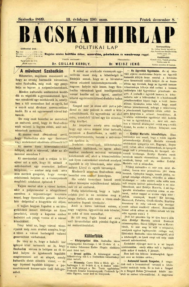 Bácskai Hirlap, 3. évf. 1899. december 8. 190. sz.
