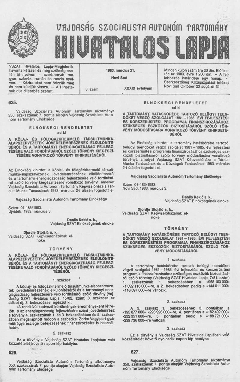 Vajdaság Szocialista Autonóm Tartomány Hivatalos Lapja, 39. évf. 1983. március 21. 6. sz.