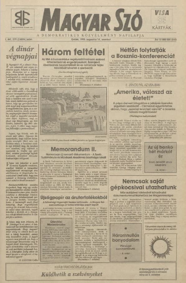 Magyar Szó, 50. évf. 1993. augusztus 14. 219. sz. 1–16. oldal