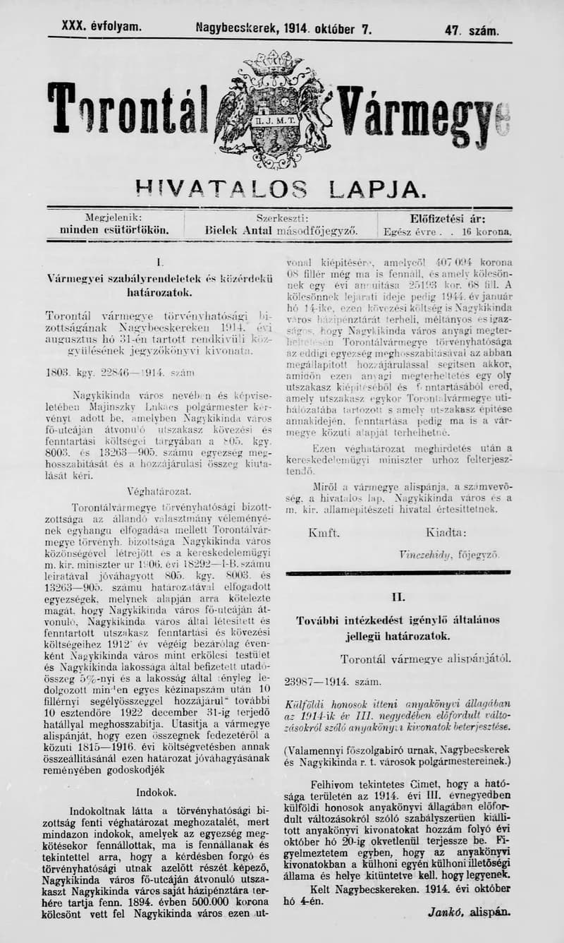 Torontál Vármegye Hivatalos Lapja, 30. évf. 1914. október 7. 47. sz.