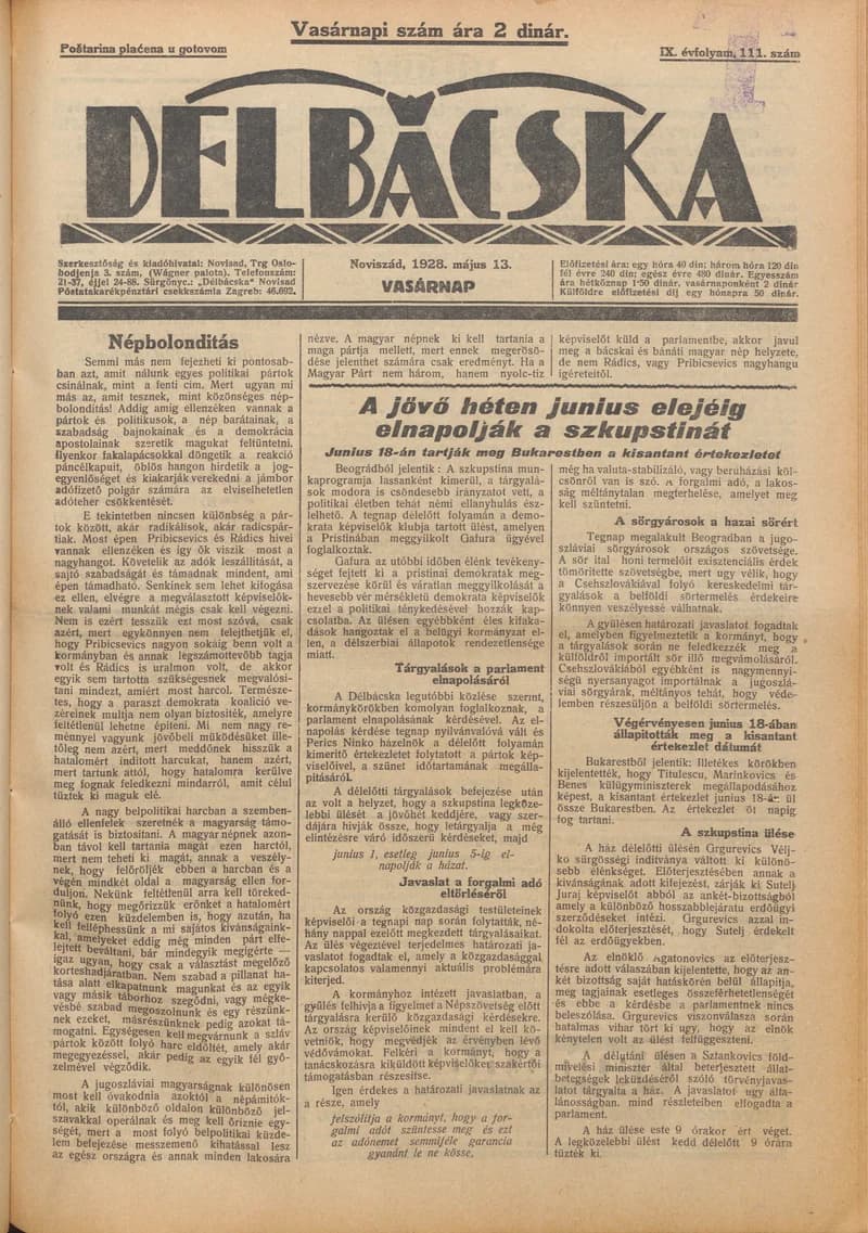 Délbácska, 9. évf. 1928. május 13. 111. sz.