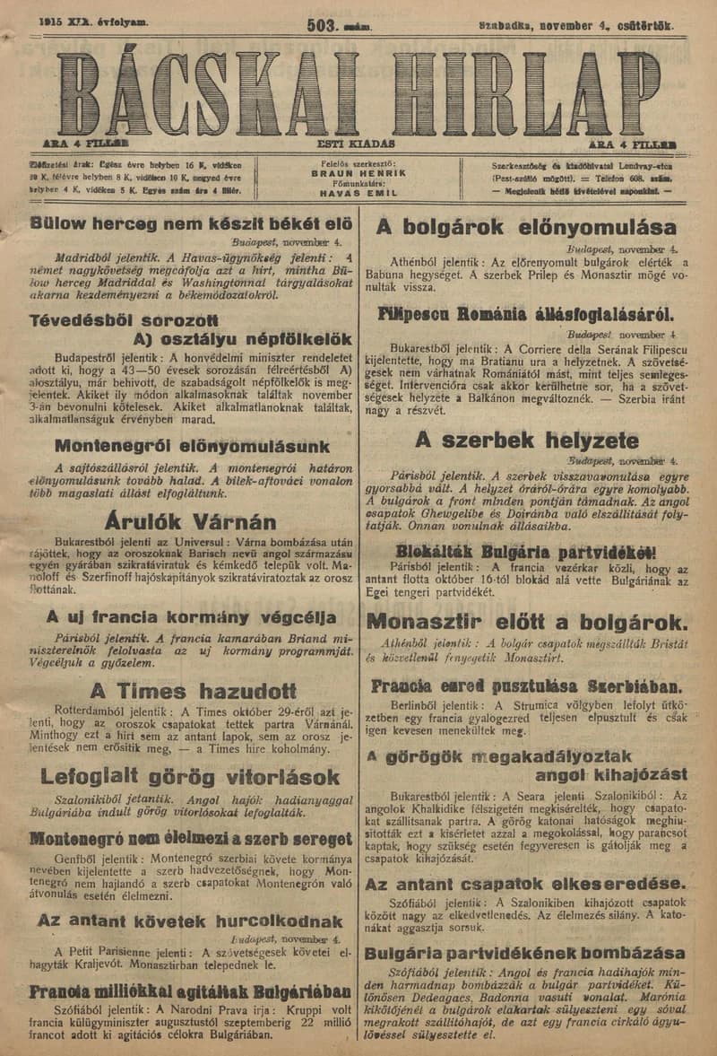 Bácskai Hirlap, 19. évf. 1915. november 4. 503. sz.
