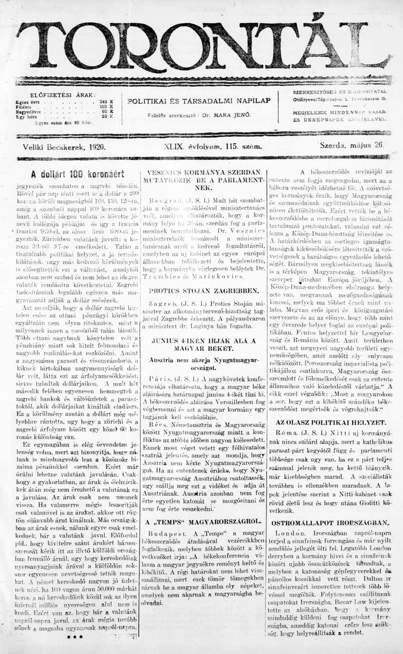 Torontál, 49. évf. 1920. május 26. 115. sz.