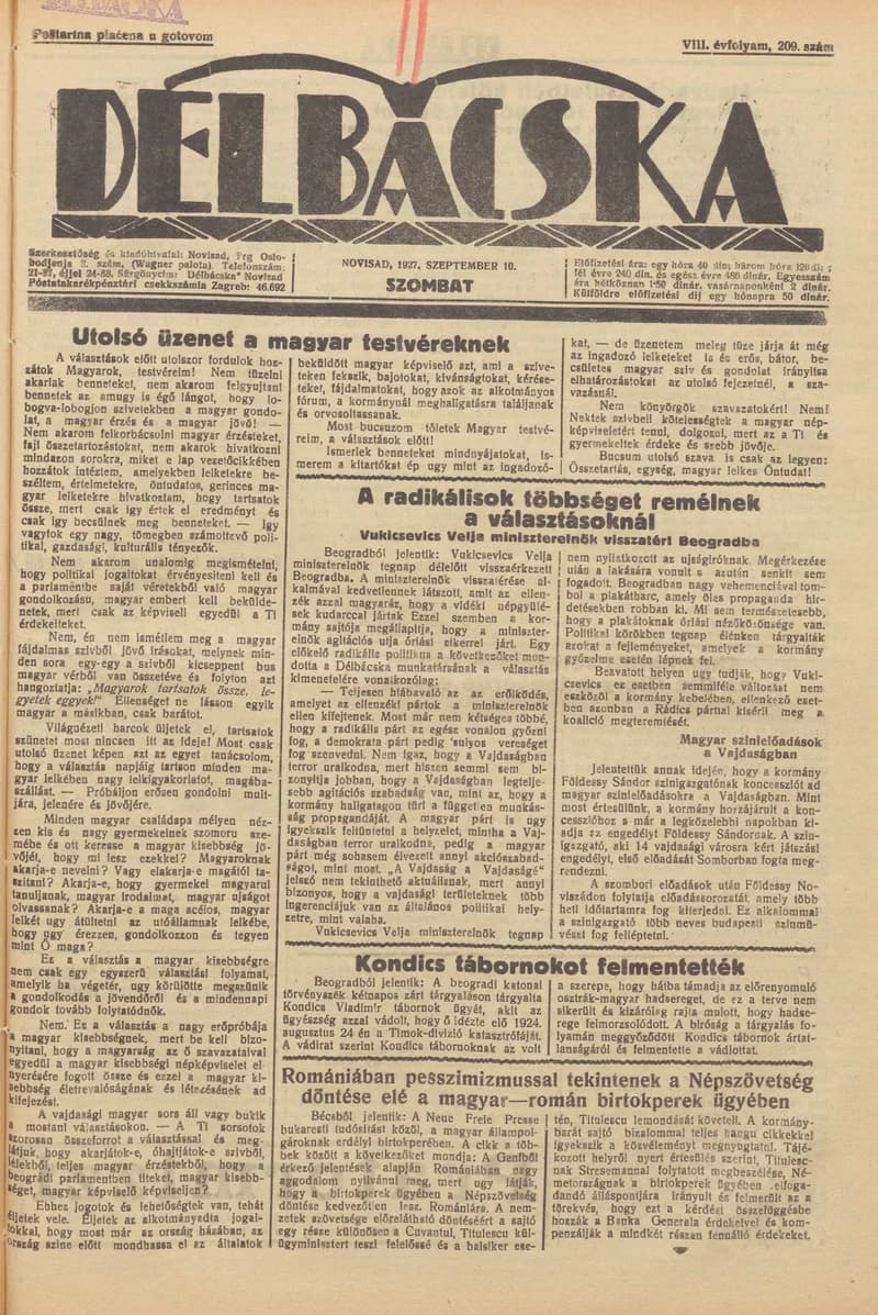 Délbácska, 8. évf. 1927. szeptember 10. 209. sz.