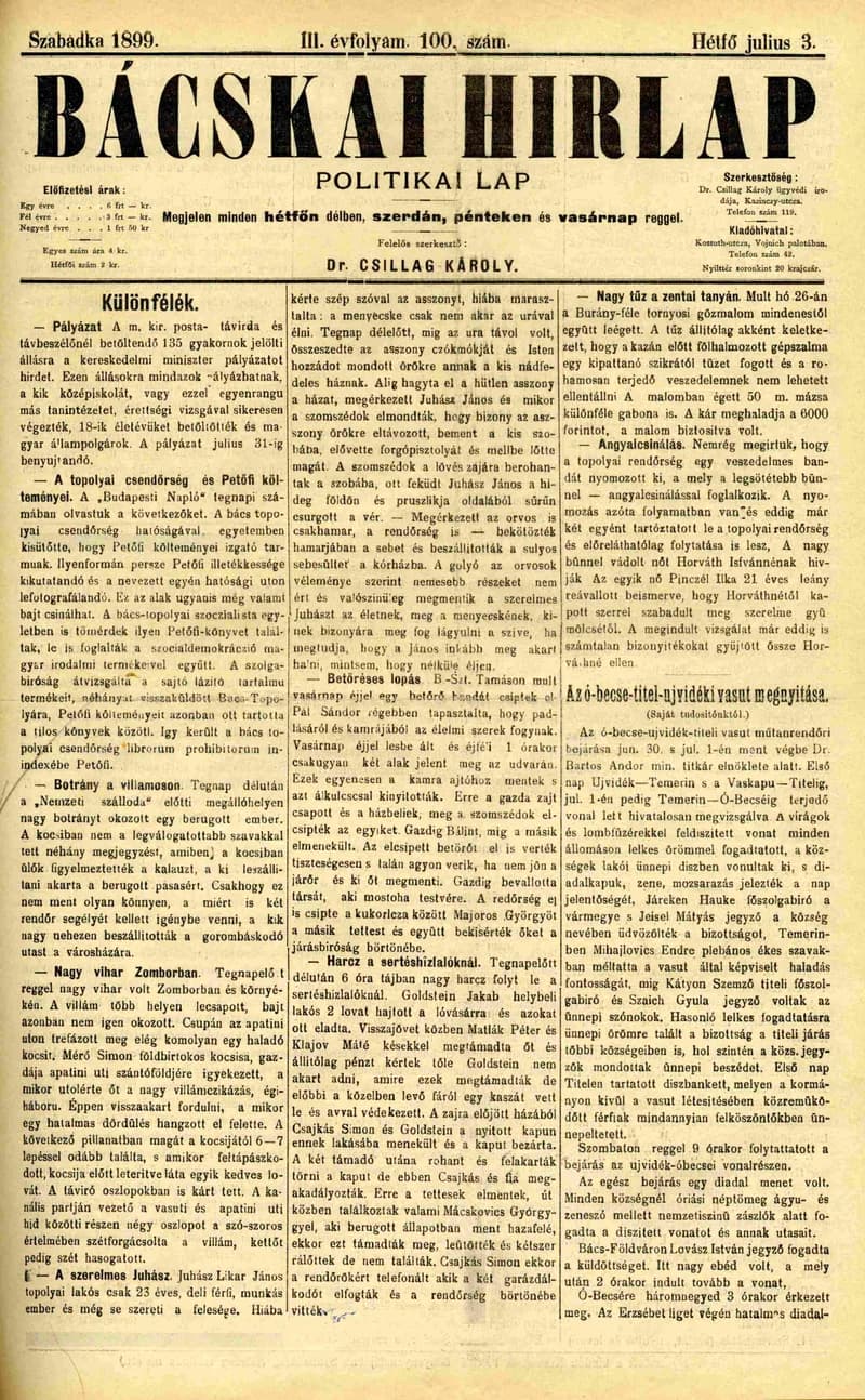 Bácskai Hirlap, 3. évf. 1899. július 3. 100. sz.