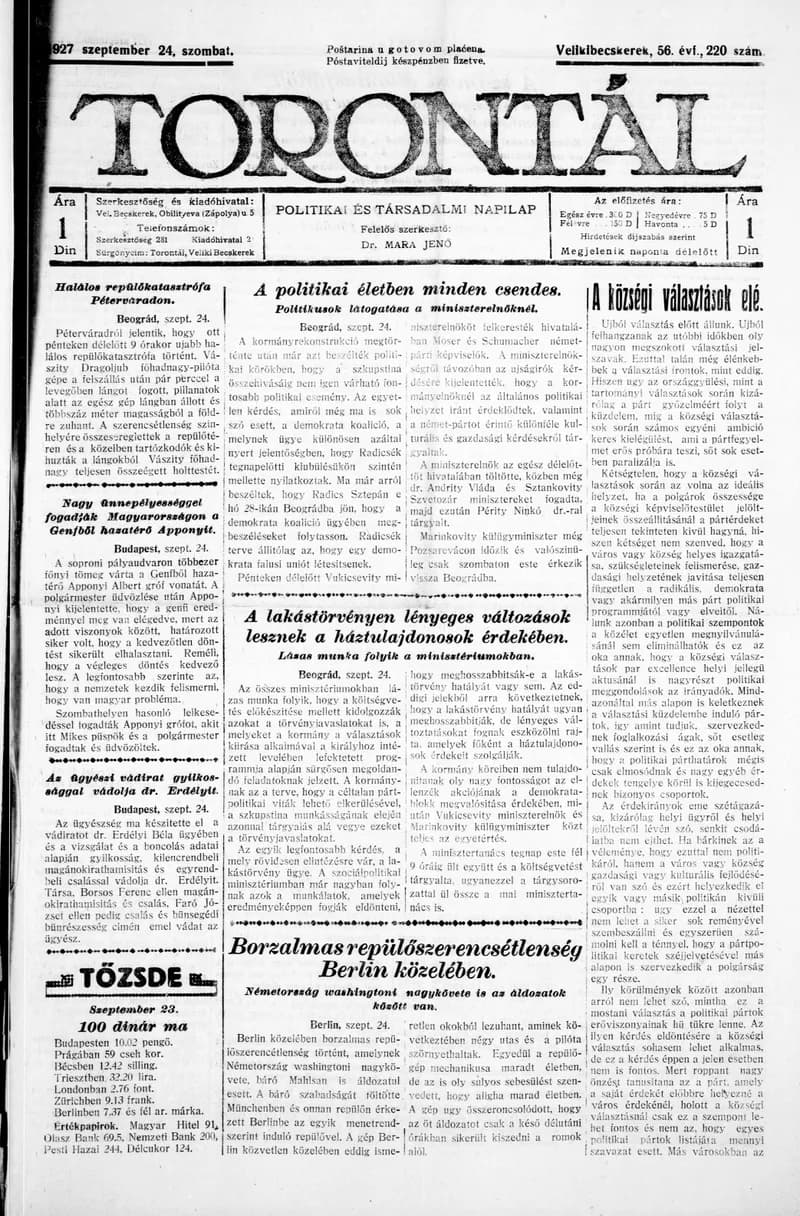 Torontál, 56. évf. 1927. szeptember 24. 220. sz.