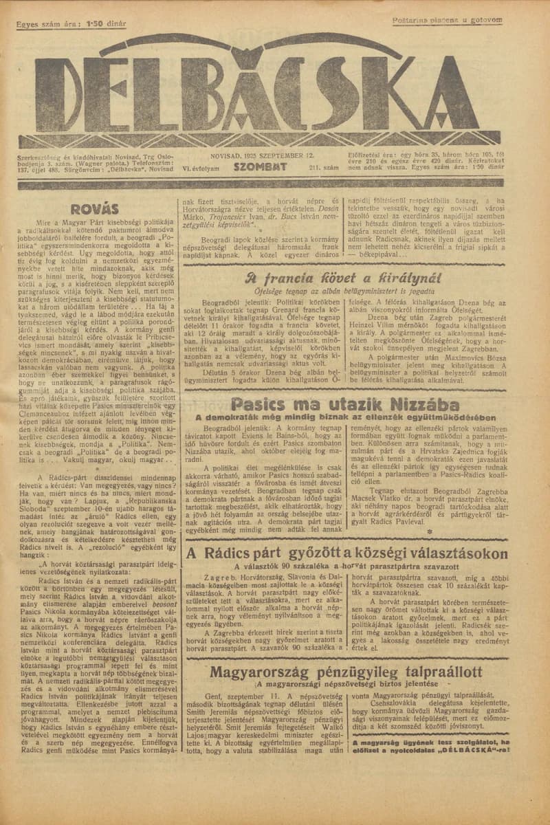 Délbácska, 6. évf. 1925. szeptember 12. 211. sz.