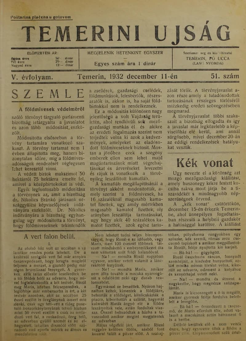 Temerini Újság 1928-1944, 5. évf. 1932. december 11. 51. sz.