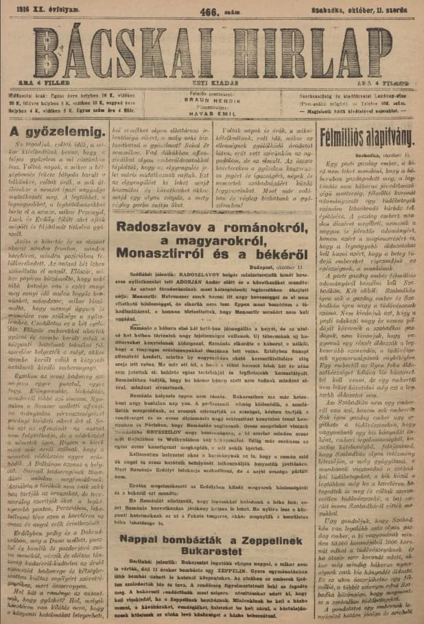 Bácskai Hirlap, 20. évf. 1916. október 11. 466. sz.