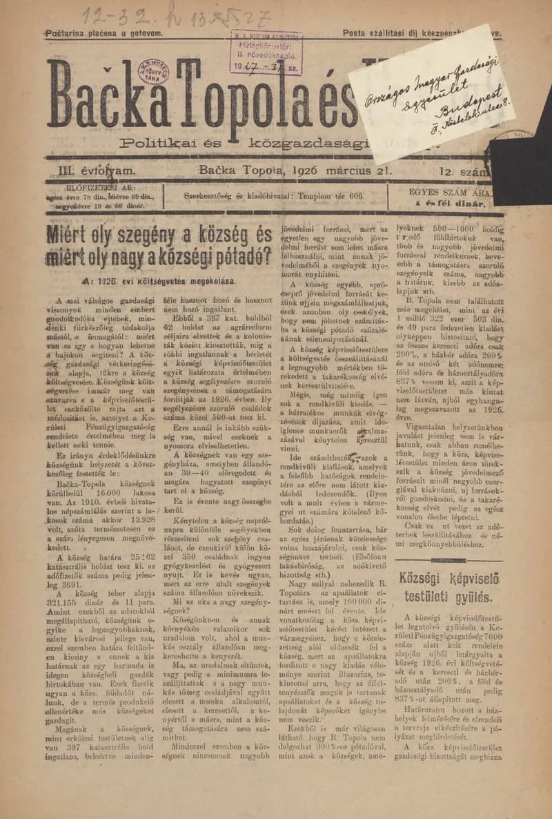 Bačka Topola és Vidéke, 3. évf. 1926. március 21. 12. sz.