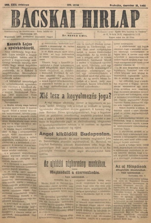 Bácskai Hirlap, 22. évf. 1918. december 10. 276. sz.