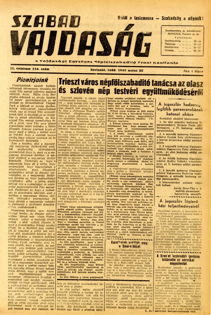 Szabad Vajdaság, 2. évf. 1945. május 22. 114. sz.
