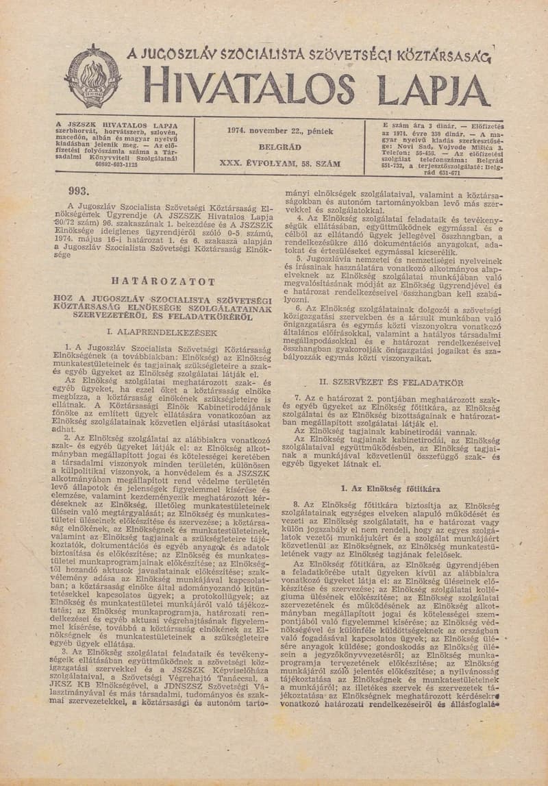 A Jugoszláv Szocialista Szövetségi Köztársaság Hivatalos Lapja, 30. évf. 1974. november 22. 58. sz. 1825–1836. oldal