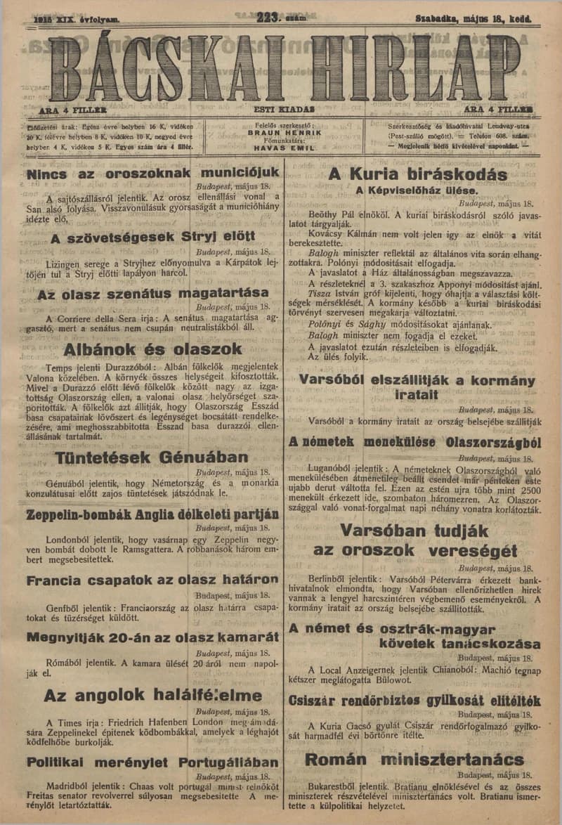 Bácskai Hirlap, 19. évf. 1915. május 18. 223. sz.