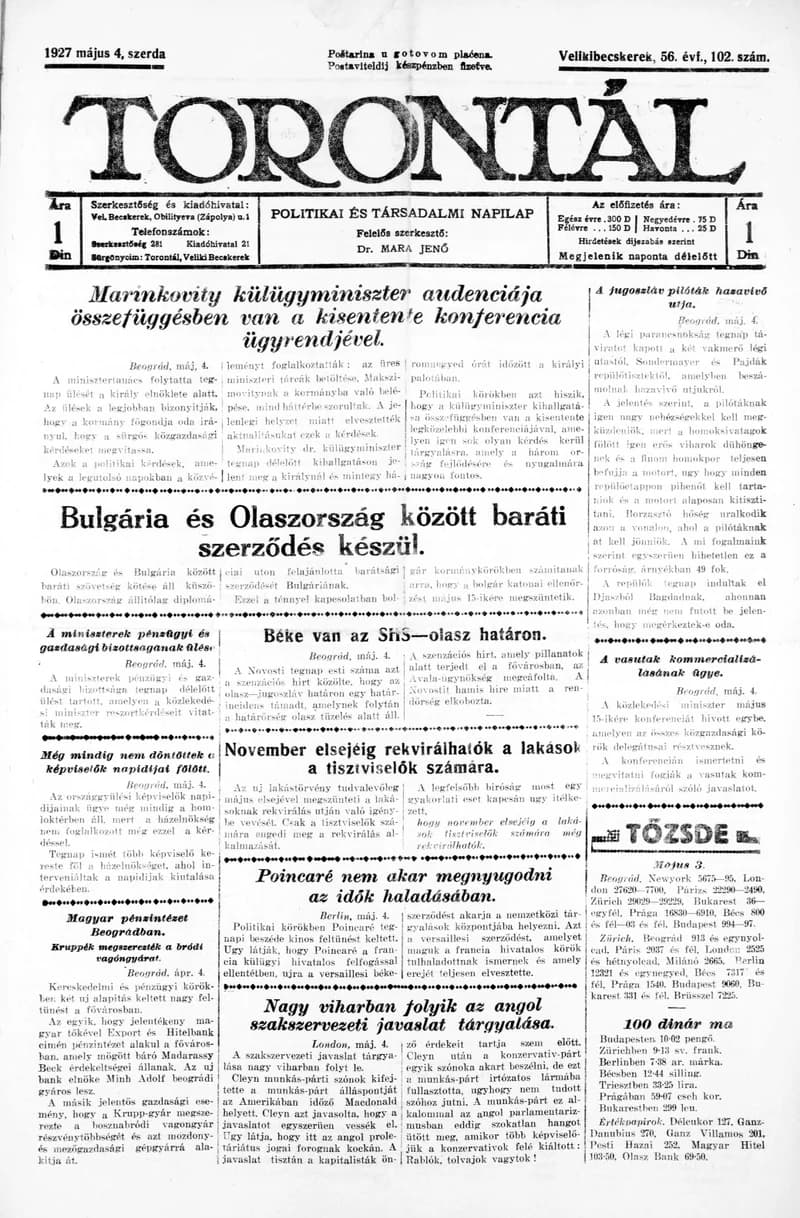 Torontál, 56. évf. 1927. május 4. 102. sz.