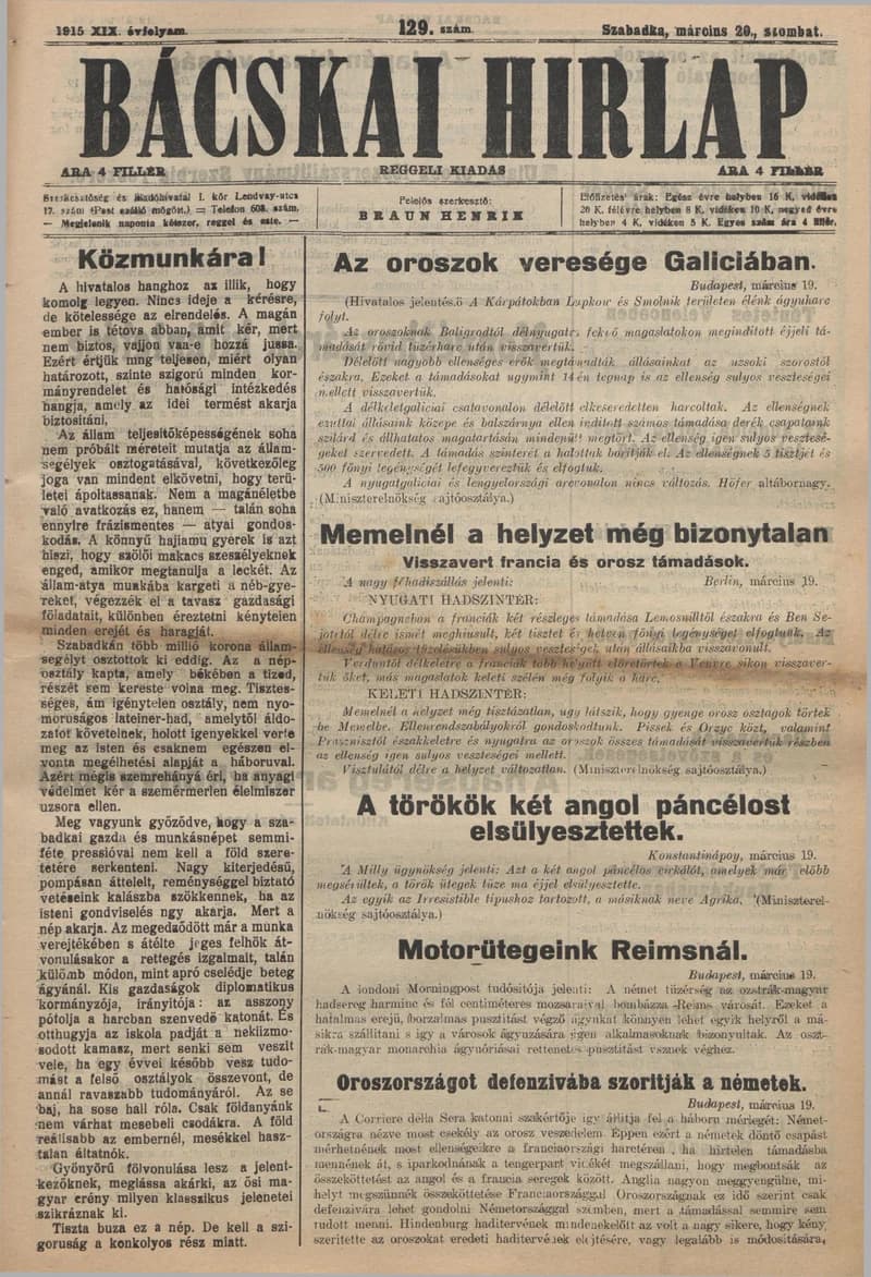 Bácskai Hirlap, 19. évf. 1915. március 20. 129. sz.