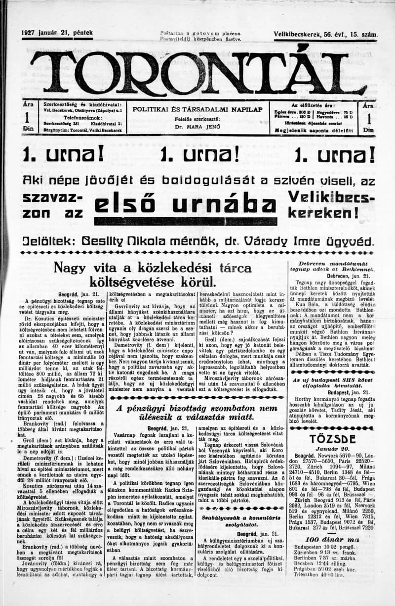 Torontál, 56. évf. 1927. január 21. 15. sz.