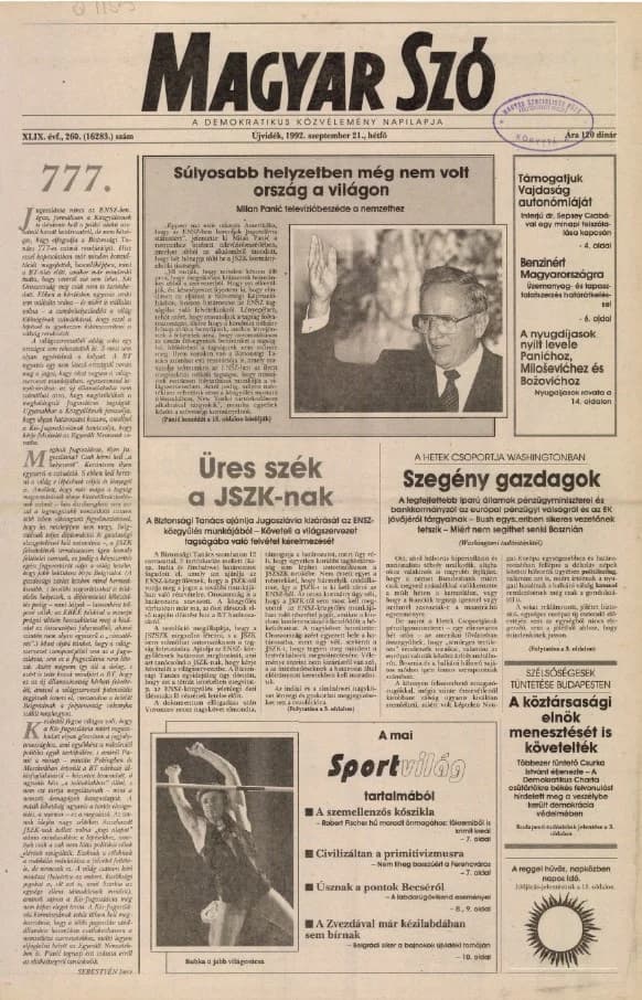 Magyar Szó, 49. évf. 1992. szeptember 21. 260. sz. 1–16. oldal