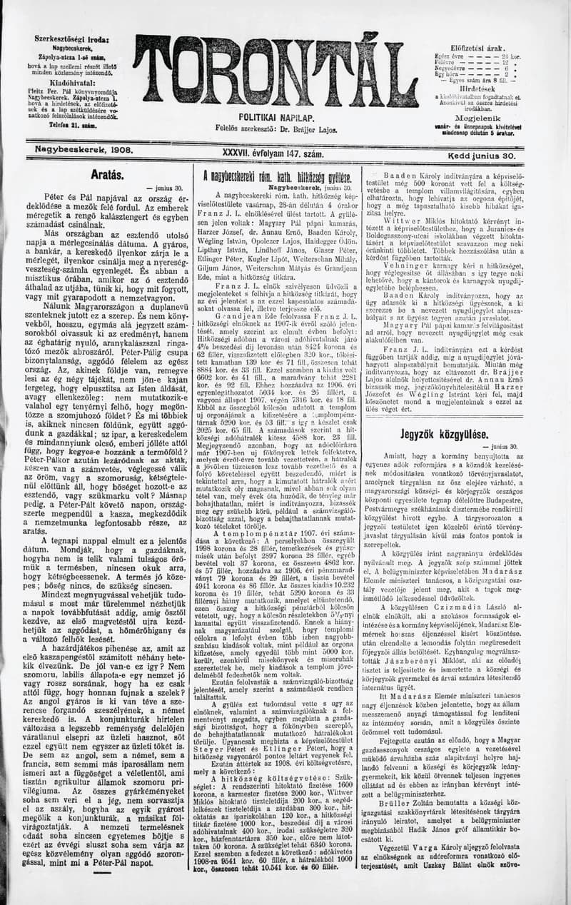 Torontál, 37. évf. 1908. június 30. 147. sz.