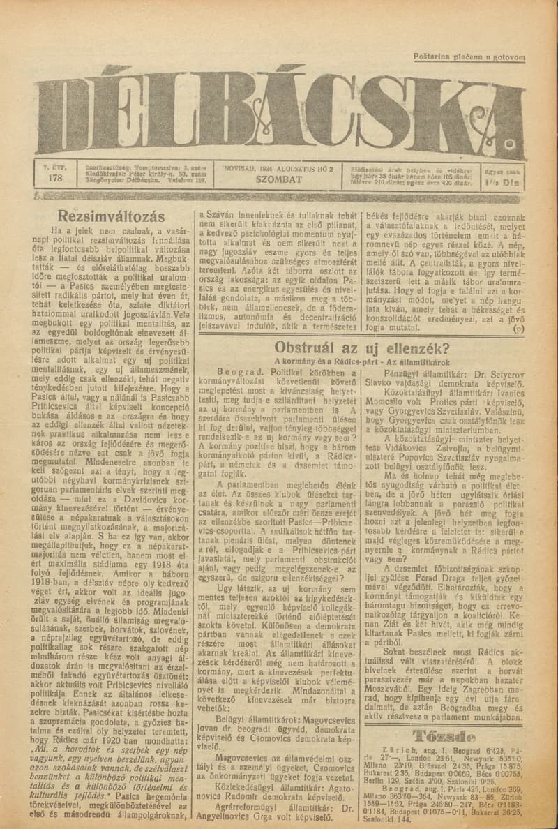 Délbácska, 5. évf. 1924. augusztus 2. 178. sz.