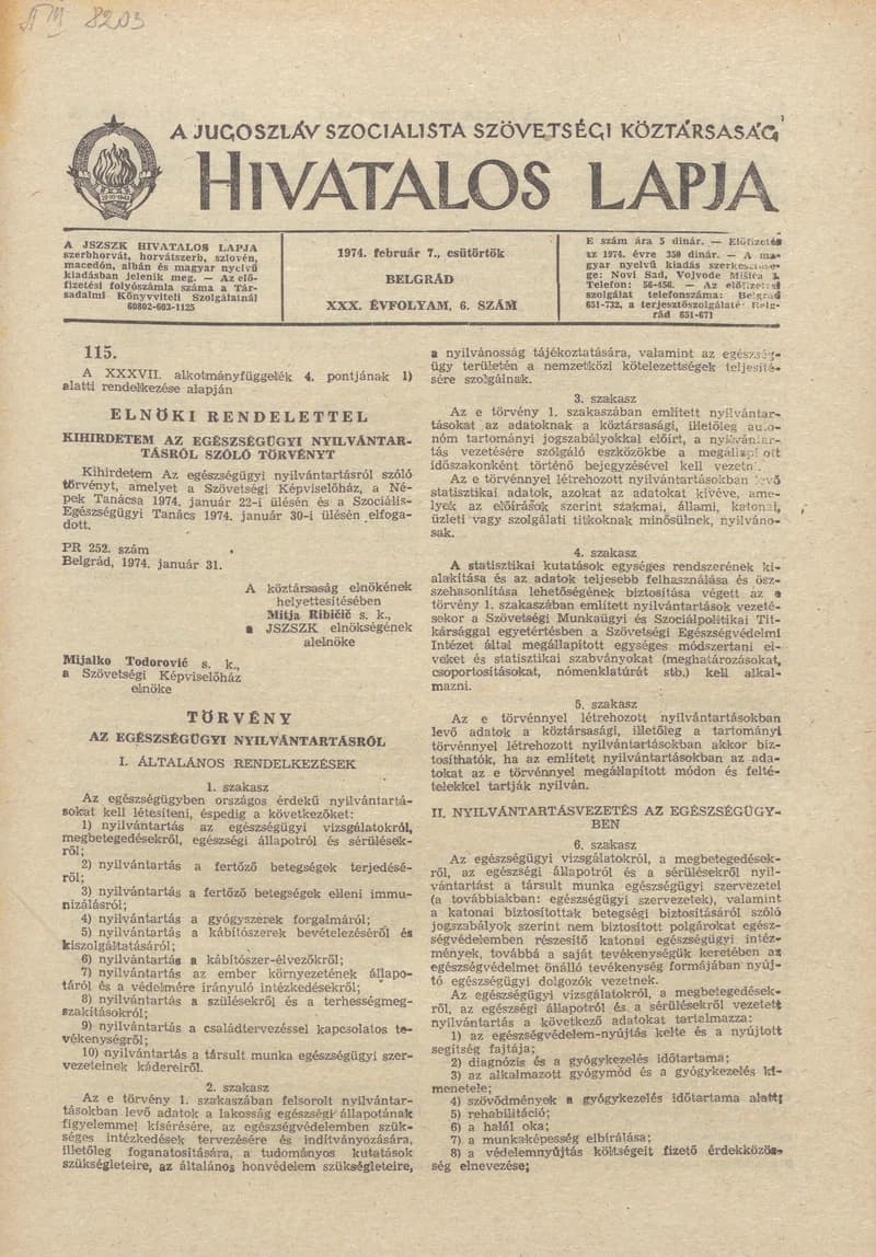 A Jugoszláv Szocialista Szövetségi Köztársaság Hivatalos Lapja, 30. évf. 1974. február 7. 6. sz. 161–172. oldal