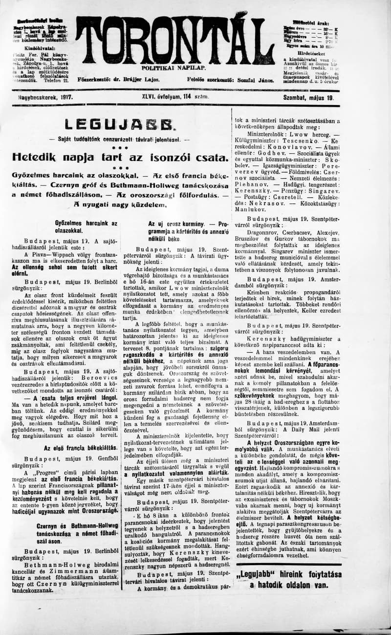 Torontál, 46. évf. 1917. május 19. 114. sz.
