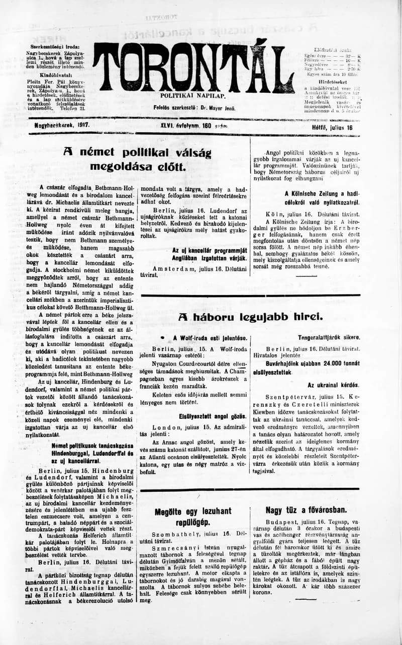 Torontál, 46. évf. 1917. július 16. 160. sz.