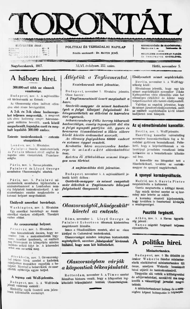 Torontál, 46. évf. 1917. november 5. 252. sz.