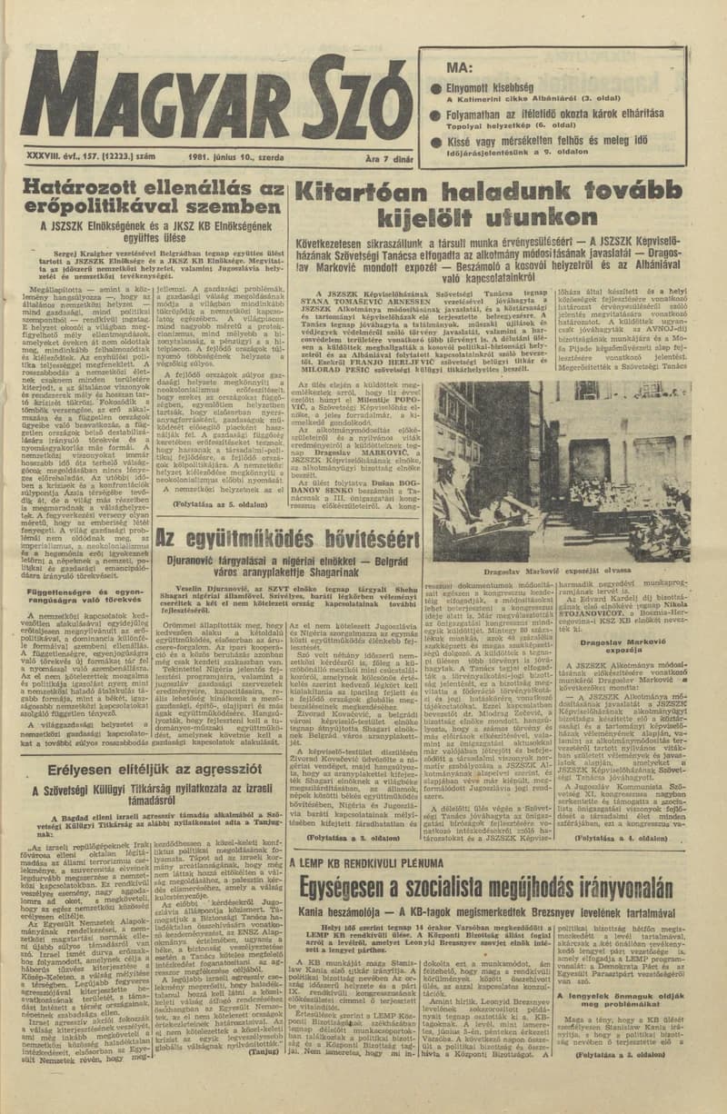 Magyar Szó, 38. évf. 1981. június 10. 157. sz.